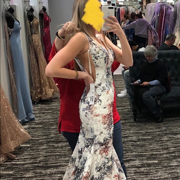 Print Sequined Vneck Trumpet Dress 